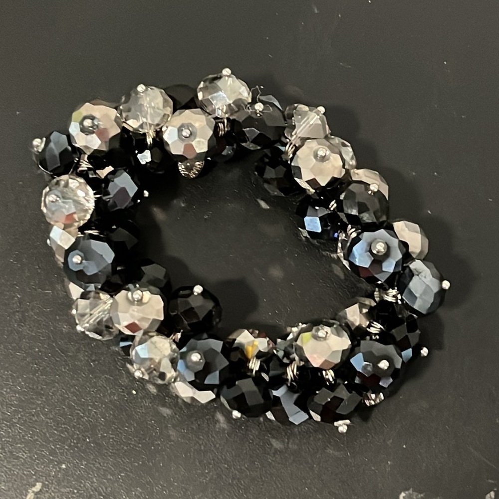 Vintage ALI KHAN New York Bracelet Cluster Black Clear Glass Beads Stretch - Picture 5 of 7